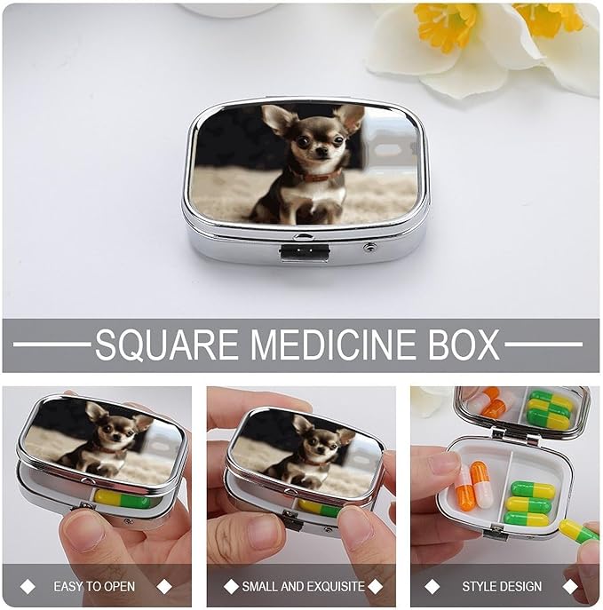 Cute Chihuahua Square Pill Box Travel Portable Pill Case 2 Compartment Medicine Metal Tablet Vitamin Holder Organizer for Purse Pocket
