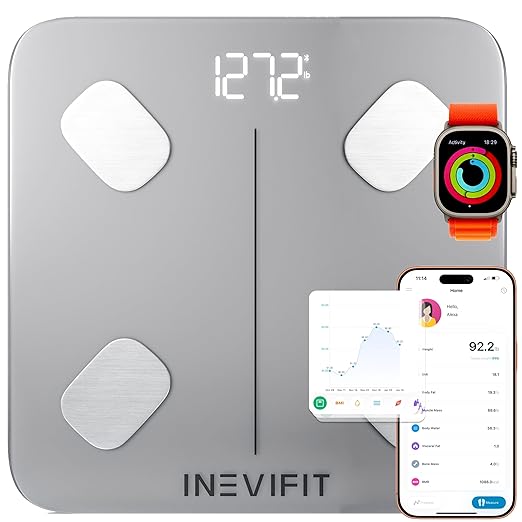 INEVIFIT Smart Body Fat Scale, Highly Accurate Bluetooth Digital Bathroom Body Composition Analyzer, Measures Weight, Body Fat, Water, Muscle, Visceral Fat & Bone Mass for Unlimited Users (Eco-SIL)