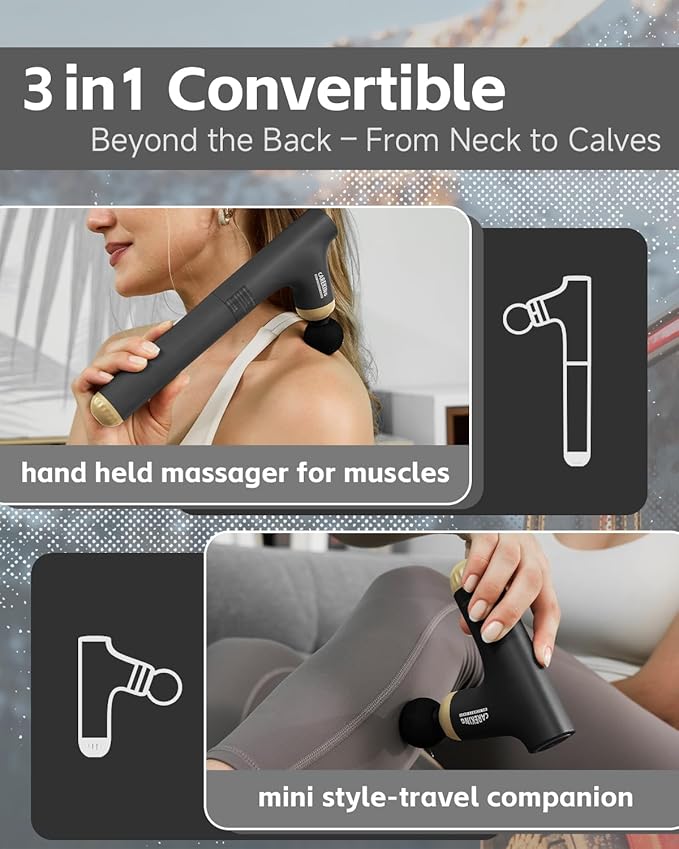 3-in-1 Massage Gun Deep Tissue with Extended Handle，Back Massager for Pain Relief, Portable Percussion Muscle Massager for Shoulder, Thigh, Waist & Neck (BlackGold)