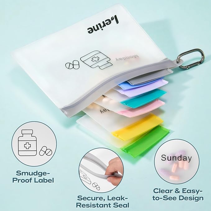 Lerine Reusable Pill Pouch Set, 14 Pill Pouch Bags for Travel, BPA Free Medicine Organizer with Labels, Self Sealing Small Baggies for Daily Vitamin, Supplement Storage