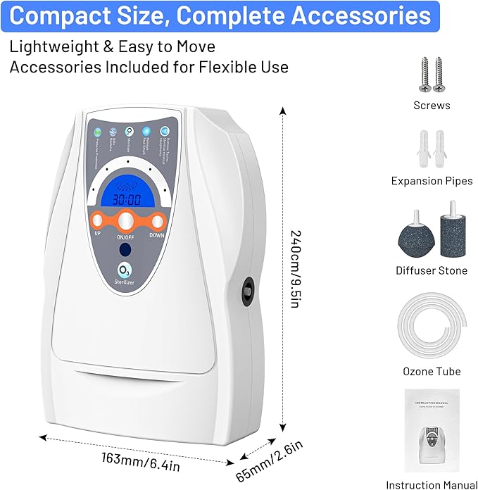VTAR Ozone Machine, 500mg/h Multipurpose Ozone Machine Purify Air, Water, Fruits, Vegetables, Toothbrushes, Aquarium. Fruit Cleaner Device in Water——White