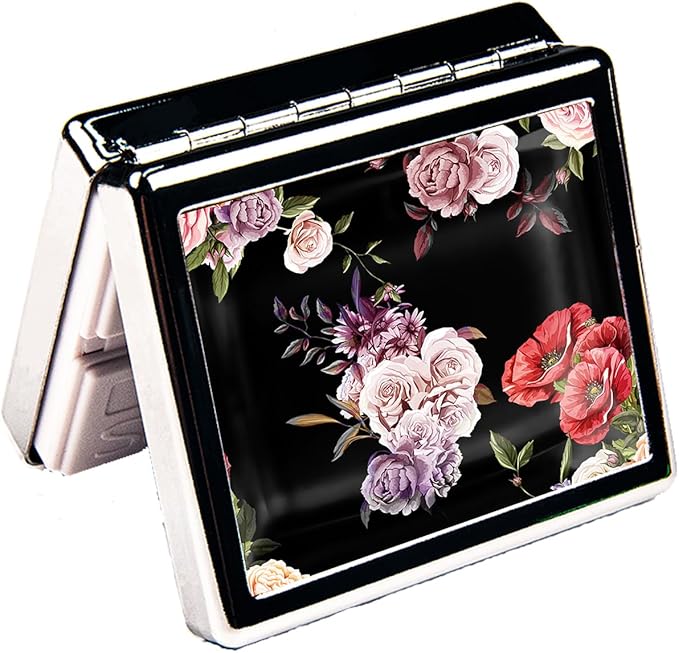 7 Days Chromed Shiny Silver Pill Organizer with Mirror Inside Has 8 Separate Compartments Rectangle 7 Days Pill Box Pill Case (Poppy and Roses)