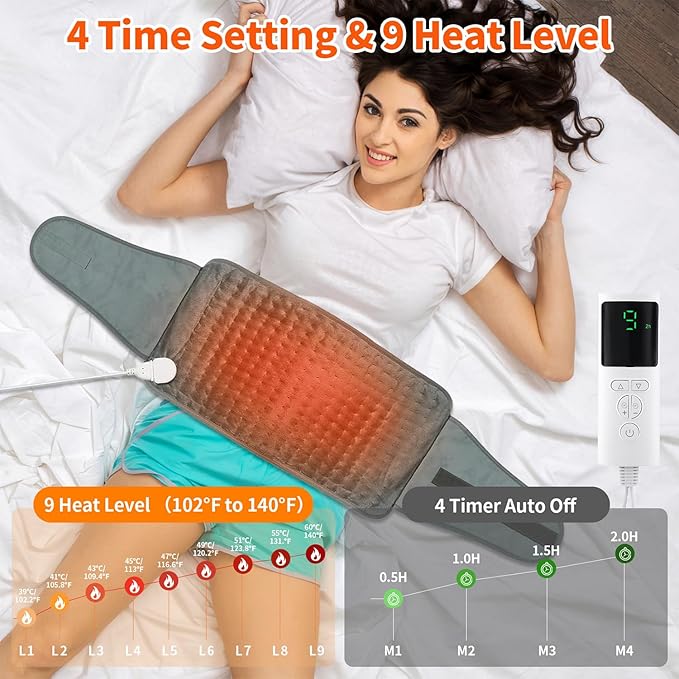 Heating Pad for Back Pain Relief Period Cramps, Electric Wearable Heating Pad for Neck Shoulder, Menstrual Waist Heat Pad Wrap Belt with 9 Heat Level, 4 Timer Setting, Gifts for Women Men (12"x50")