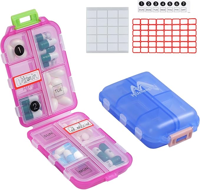 2 Pack Pill case Travel Pill Organizer, Pill Box for Purse Vitamin Fish Oil 10 Compartments Container Medicine Box by M Muchengbao