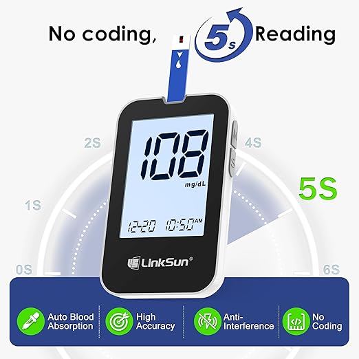 G-425-2V Blood Glucose Monitor Kit, 100 Test Strips, 100 Lancets, High Accuracy Blood Sugar Monitor, Lancing Device, Control Solution & Travel Diabetic Organizer Bag, Large Display, No Coding