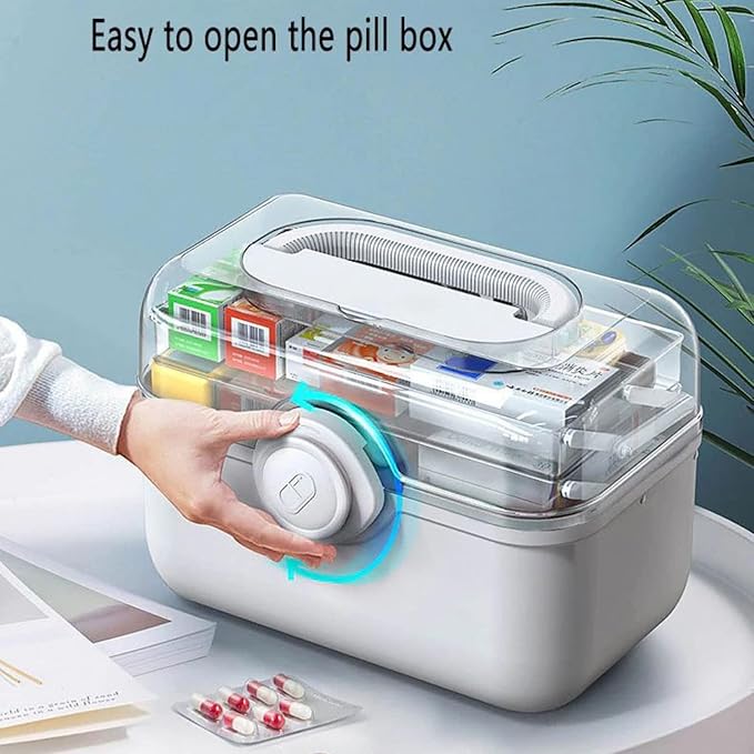 3-Tier Medicine Storage Box with Removable Pill Case & Handle, Portable Medical Containers Chest, Empty First Aid Box for Medicine, Family Emergency Kit, Small Staff- Home Office Travel use ( White )