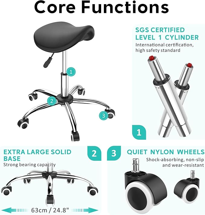 Professional Saddle Stool with Wheels Rolling Saddle Stool with Extra-Wide Base Heavy-Duty Stable Stool Adjustable Height Ergonomic Chair for Office, Workshop, Salon & Clinic