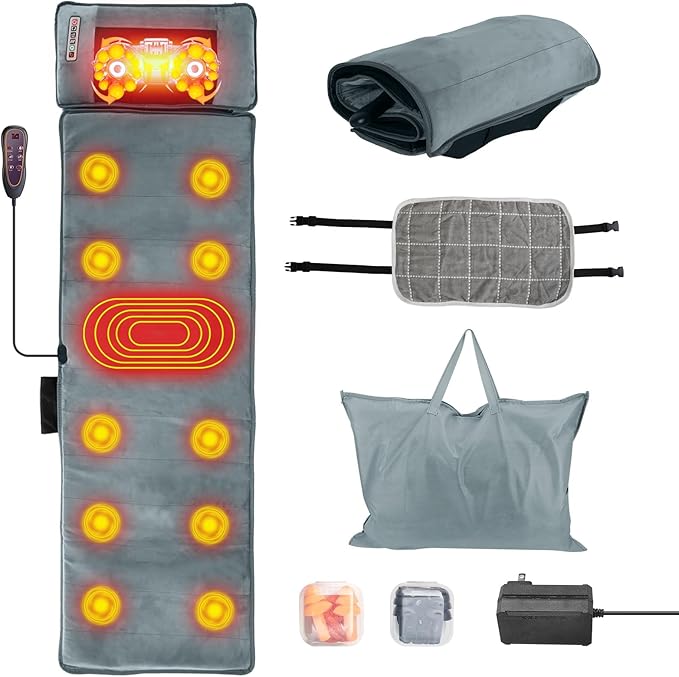 Electric Massage Mat Full Body Massage Ergonomic Vibration Mattress Chair Pad Anti-Slip Massage Cushion with Heat Massage Pad 10 Vibration Motors Timer Earplugs for Bed Chair