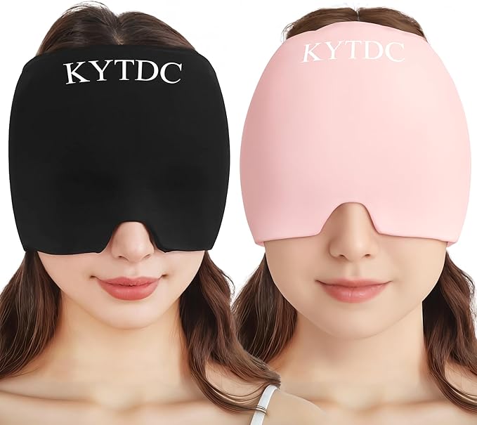 Migraine Relief Cap Gel Ice Head Wrap - Hot & Cold Therapy Soothing Headache Hat Ice Pack Mask, Headache Relief Wrap for Tension, Stress, Hangover&Puffy Eyes,Black&Pink, 2PC((Gift Eye Mask))