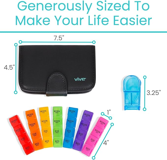 Vive Weekly Pill Organizer 4 Times a Day - 7 Days Pill Boxes for Morning, Noon, Evening, Night - Extra Large Medicine, Vitamin & Supplement Dispenser with Premium Leather Case and Splitter Cutter