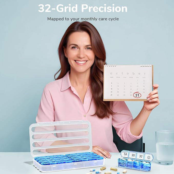 Colorwing 31-Day Premium Monthly Pill Organizer, 4 Weeks Travel Medicine Organizer with 32 Compartments for Daily/Month, 30 Day Pill Box Organizer, Portable Travel Pill Cases（Blue）