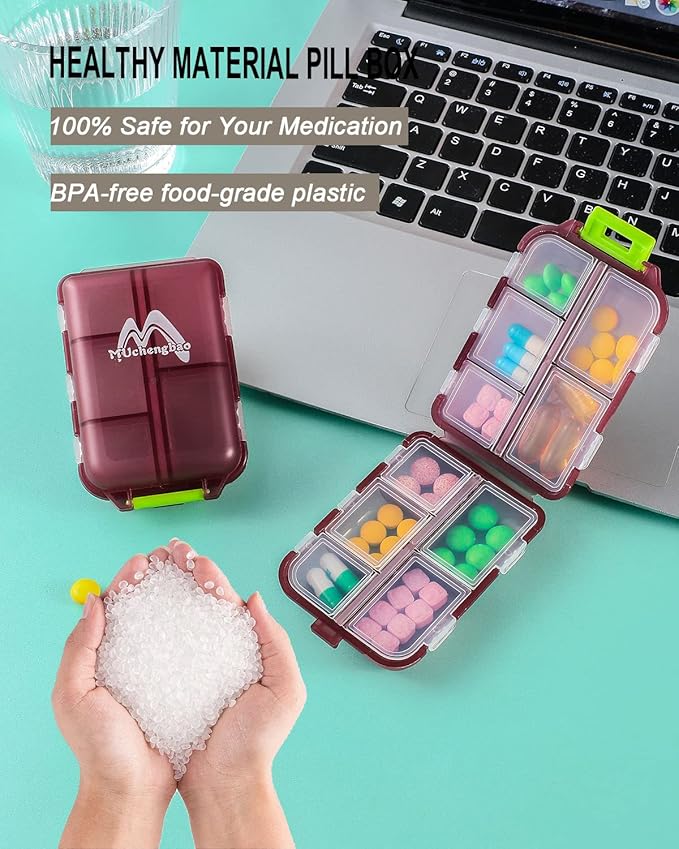 M MUchengbao Travel Pill Organizer Pocket Pharmacy ，with 3 Types of Labels 10 Compartments Small Fold Pill Box BPA-Free Daily Travel Pill Case Medicine Organizer for Store (Red)