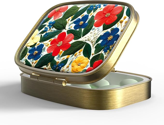 Small Pill Box Pill Case with Mirror Retro Pocket 2 Compartment Pill Holder for Purse or Pocket Bronze Portable Medicine Vitamin Container Fish Oil and Supplement Storage BPA-Free