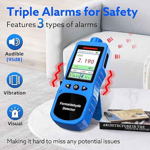 Formaldehyde Detector, Rechargeable HCHO Monitor with Vibration, Visual & Sound Alarms, Temperature Humidity Meter, Formaldehyde Air Quality Tester for Home, Work