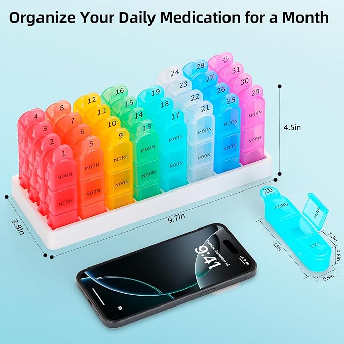 Monthly Pill Organizer, 31 Day Pill Dispenser 3 Times a Day with Small Pill Box, 4 Week Pill Container for Vitamins, Fish Oil, Supplement and Medicine- BPA Free, Easy to Use