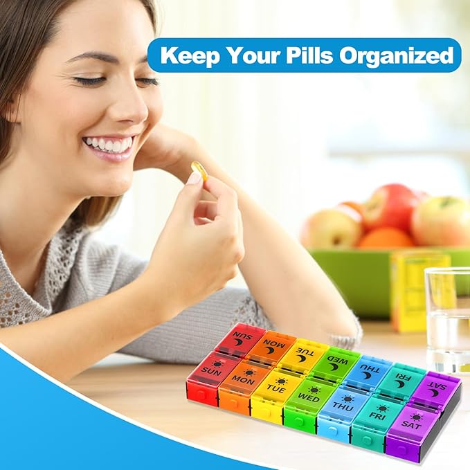 Push Button Pill Organizer 2 Times a Day, Weekly Medicine Pill Organizer, Pill Box Case 7 Day AM PM BPA-Free, Pill Container for Vitamins, Fish Oil, Supplements Medication (Colorful)