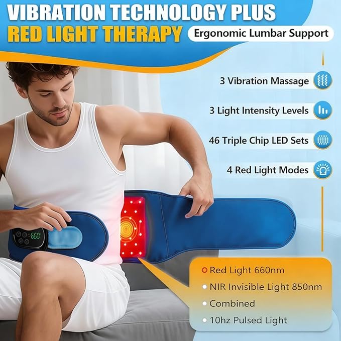 Red Light Therapy Belt for Back & Waist, 660nm 850nm Wearable Red Light Belt with Heat & Vibration, Rechargeable 5000mAh Cordless Heating Pad, 46 LEDs