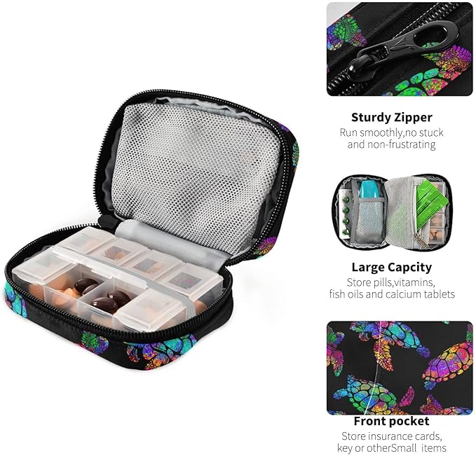 Pill Box Boho Sea Turtle with Lotuses and Mandala 7 Day Pill Case Travel Pill Organizer Bag with Zipper Portable Weekly Vitamin Medicine Supplement Holder Pouch Bag