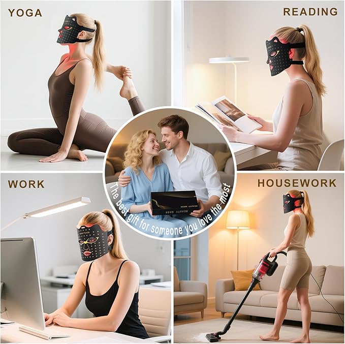Red Light Therapy for Face, Portable Led Face Mask Light Therapy with Rechargeable Remote, 7 Color Mode Red Light Therapy with 850nm NIR, Home Use Skin Care Device (Black)
