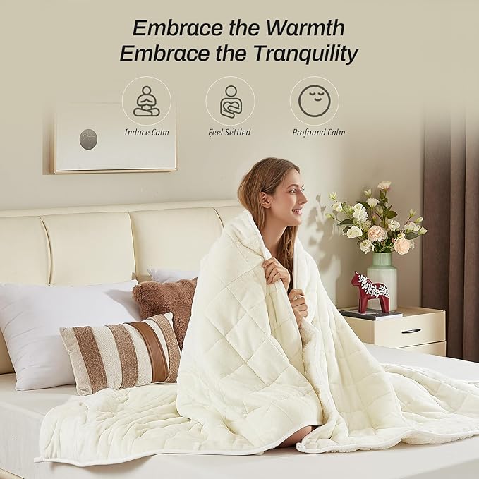 Sherpa Fleece Adult Weighted Blanket, 15 Pounds Dual Sided Soft Plush Blanket for Couch Bed Sofa, Heavy Thick Blankets with Glass Beads Great for Sleep, 48 x 72 inches, Cream White on Both Sides
