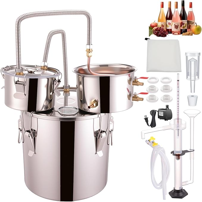 Shine Still 13.2 GAL 3 Pots Distillery Kit Stainless Steel Copper Tube Complete with Thumper Water Pump Metal Thermometer Airlock Brew Bag Proof Parrot Alcoholmeter Test Kit for Whiskey, Brandy etc.