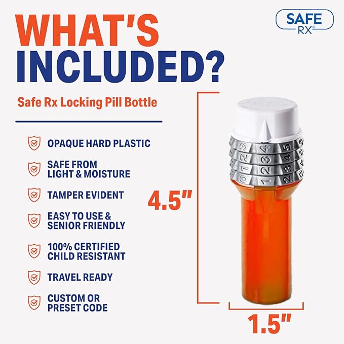 Safe Rx | Locking Pill Bottle | Pill Container Combination Lock | Tamper Evident | Child Resistant | Senior Friendly Easy Open Cap | Prescription Medication | Travel Pill Bottle | Medicine Organizer