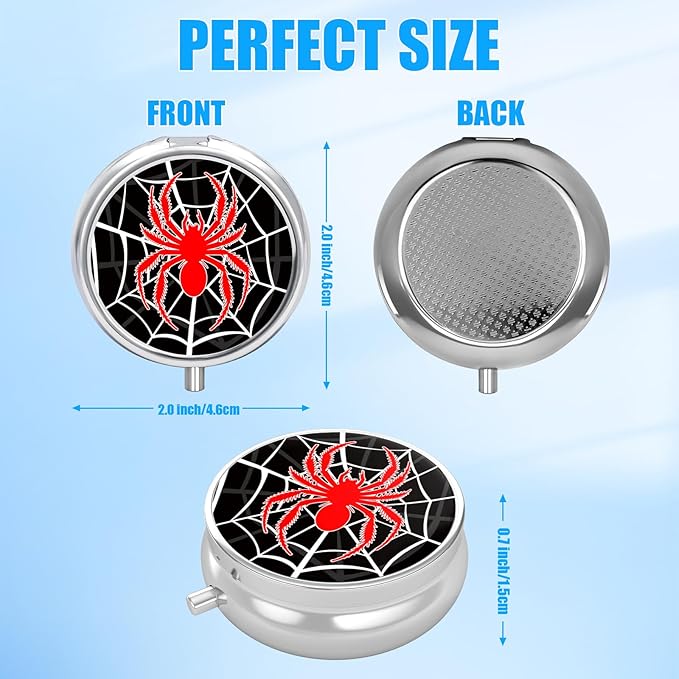 Red Spider Pill Case, Pill Box 3 Compartments Metal Small Pill Holder with Mirror Mini Travel Pill Container for Purse Pocket Women Men