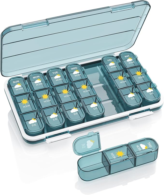 Pill Organizer 3 Times A Day, 7 Day Pill Box - Acedada Weekly Travel Pill Container, Large Medicine Dispenser Vitamins Case Supplements Holder Organizer, Blue
