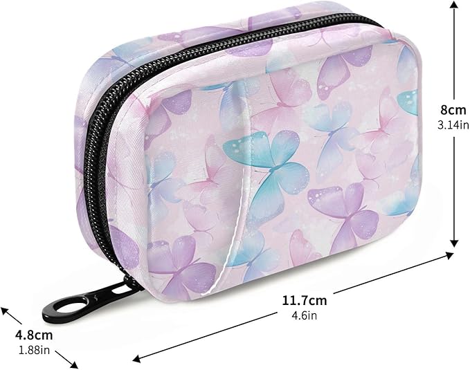 Pink Butterfly Travel Pill Case Bag with Compartments Twill Fabric Organizer with Plastic Inner Box for Medication Vitamins & Supplements