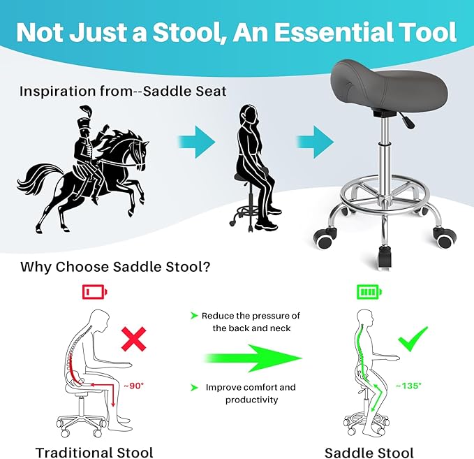 YEEZEE Saddle Stool Ergonomic- Comfortable Rolling Saddle Stool with Wide Thick Saddle Seat Padding, Swivel Adjustable Saddle Chair with Wheels and Ring Pedal for Medical Massage Salon (Grey)