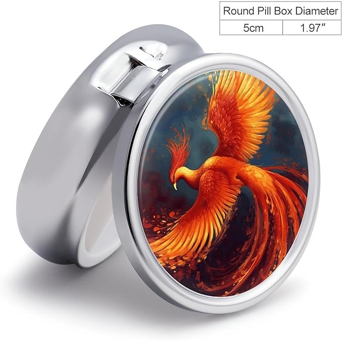 Orange Red Phoenix Pill Box Travel Pill Case for Purse Pocket Weekly Medicine Organizer with Mirror 3 Compartment Round Medicine Case Portable PillcaseHolder for Daily