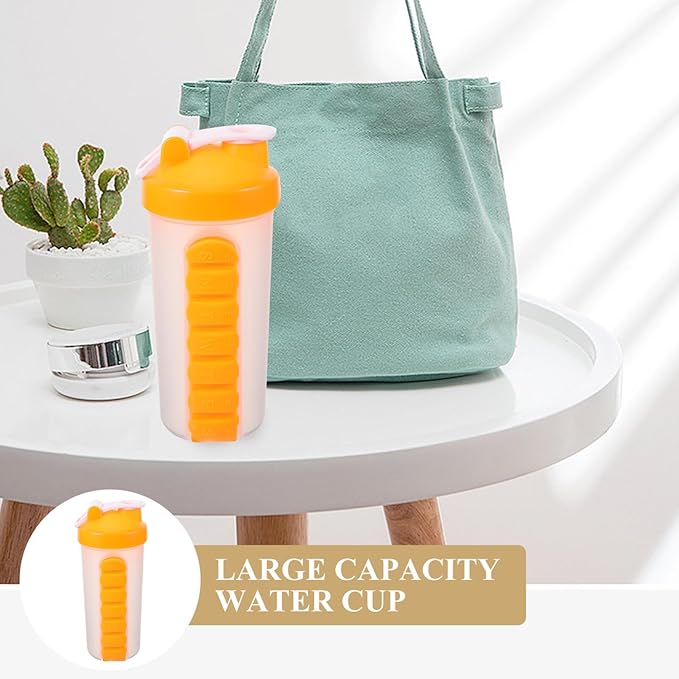 Clear Water Bottles 7 Day Pill Box Organizer with Water Bottle Weekly Dispensers Reminder Medicine Holder Portable Inserted Pill Case Bottle for Travel Gym Outdoor Orange