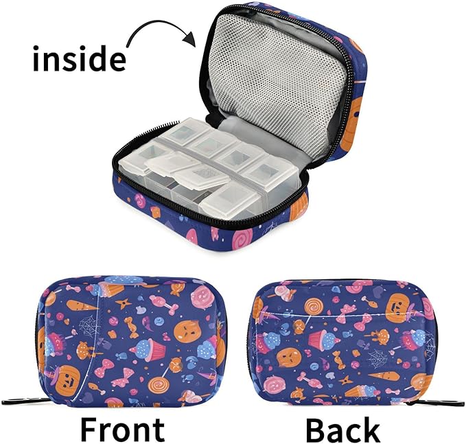 Candy Halloween Pumpkin Travel Pill Organizer Case Box Container Weekly Portable Vitamin Medicine Holder Storage Bag with Zipper Removable