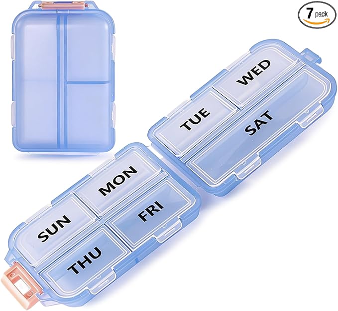 7 Day Compact Pill Organizer, Foldable Portable Travel Pill Box with Double Protection, Daily Small Pill Case Dispenser for Medication, Vitamins, Supplements (Clear Blue)