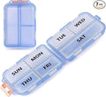 7 Day Compact Pill Organizer, Foldable Portable Travel Pill Box with Double Protection, Daily Small Pill Case Dispenser for Medication, Vitamins, Supplements (Clear Blue)