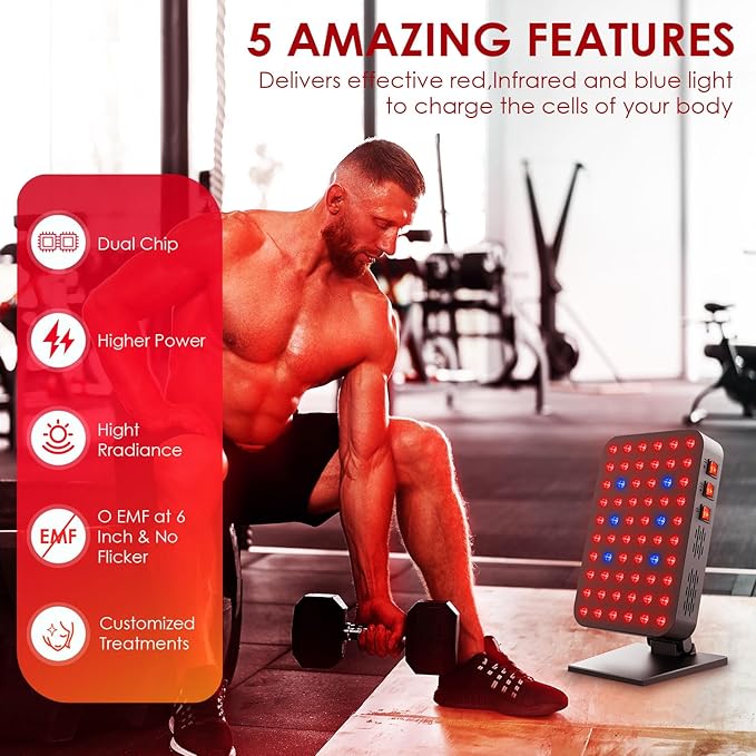 Red Blue Light Therapy for Body, Red Near Infrared Panels 300W 60 Dual Chip Flicker Free LEDs, Ideal for Body, Face,Maintain, Energy,Muscle Pain, Skin Rejuvenation, Recovery, Sleep