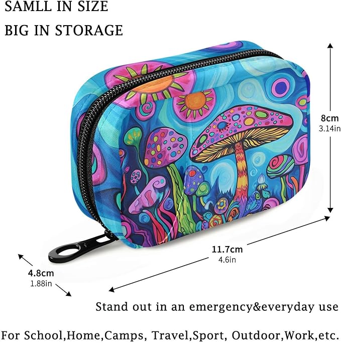 Fustylead 60s Hippie Aesthetic Colorful Art Mushroom Travel Pill Organizer Case Zipper for Purse with Removable Weekly Pill Box for Medicine, Vitamin, Supplement Medicine Organizer