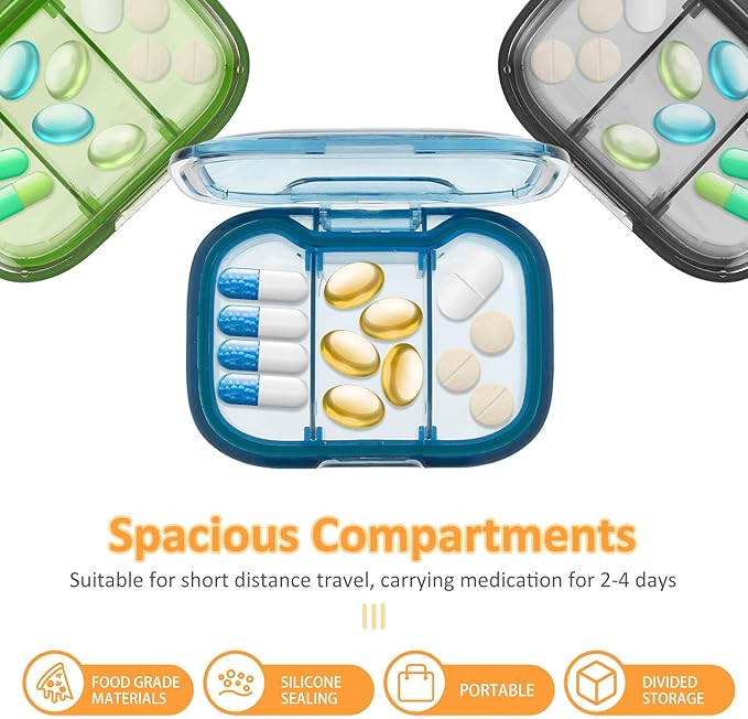 3 Compartment Pill Organizer Moisture Proof Pill Case with Silicone Sealing Strip Fit 2-4 Days Travel Portable Travel Container Daily Pill Organizer for Vitamins Supplement (3PCS)