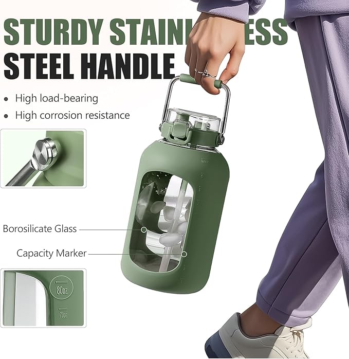 Large Glass Water Bottles with Stainless Steel Handle,100 oz Gallon Drinking Bottle with 2-in-1 Straw Lid,3 Liter Glass Water Jug with Silicone Sleeve,Wide Mouth,Olive