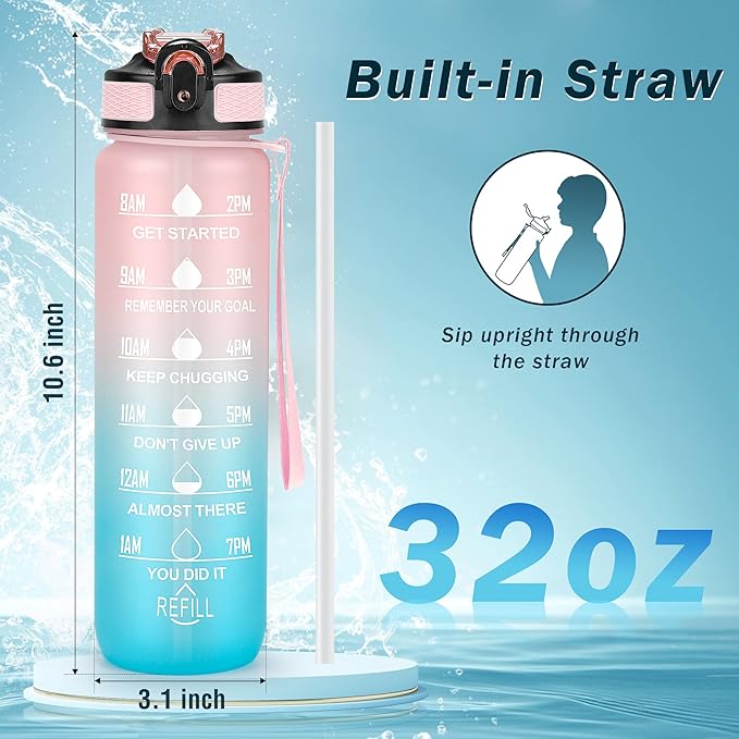 Motivational Water Bottle with Time Marker - 32oz, Leak-proof BPA Free Sports Water Bottles with Straw & Carrying Strap