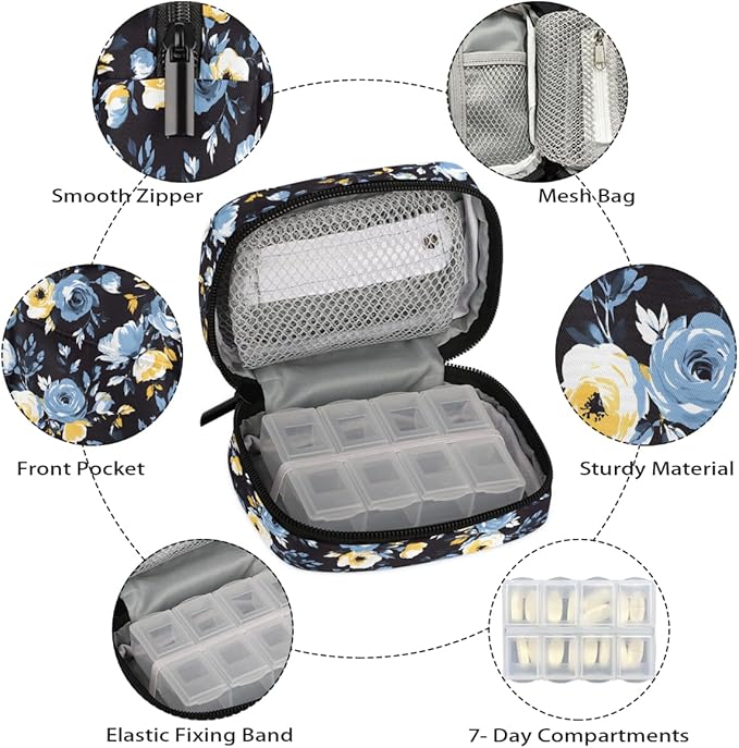 Floral Blue Flower Pill Case Everyday Travel, 7 Day Weekly Medicine Pill Box Compact Portable Pills Bottle Organizer with Zipper for Daily Vitamin Medicine Holder Bottle Organizers Bag