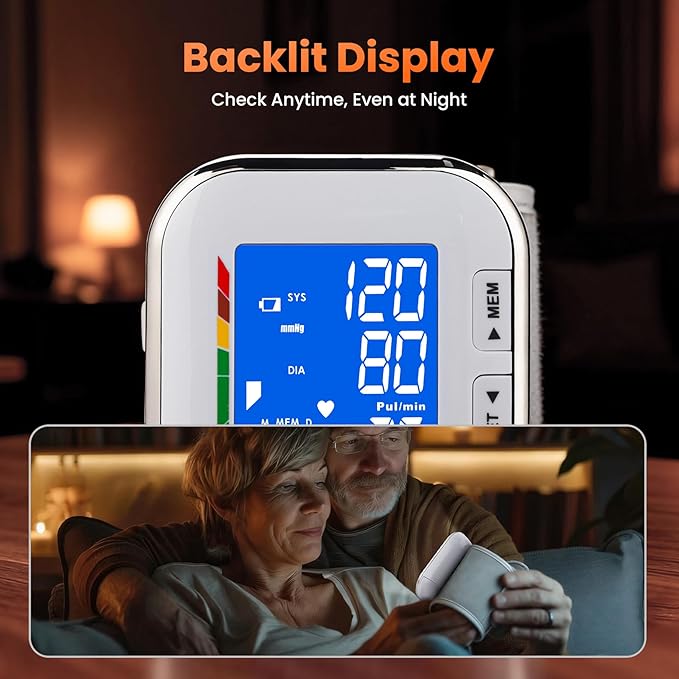 Blood Pressure Monitor Adjustable Wrist Cuff LCD Backlit Display BP Machine for Home Use Stores Up to 60 Readings Batteries Included with Carrying Case, White