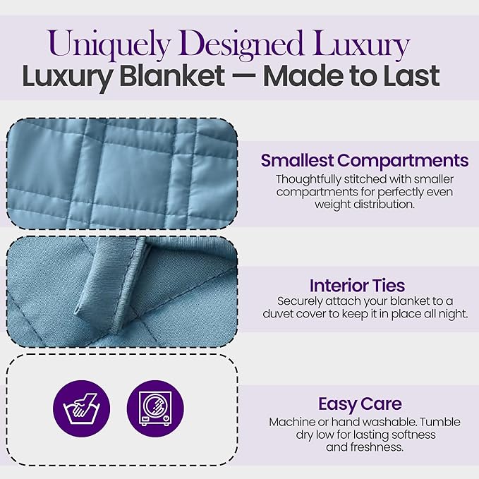 Weighted Blanket for Adults (20 lbs, 60”x80”, Blue) Queen Size. 100% 300TC Viscose, Derived from Bamboo-Premium 7 Layer Cooling Weighted Blankets. Breathable Blanket with travel bag & Machine Washable