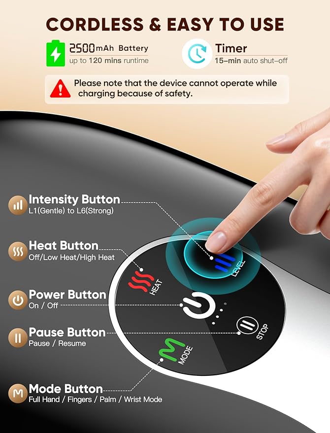 Hand Massager with Heat and Compression : Cordless Heated Hand and Wrist Massager for Palm, Fingers, and Comfort Relief – 4 Modes 6 Intensities, Portable Rechargeable, Wife Husband (Black)