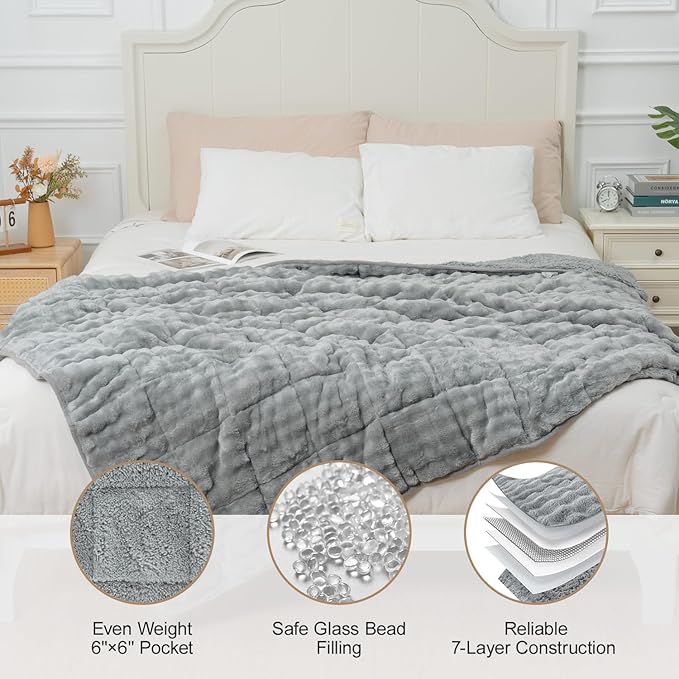 Cottonblue Bubble Weighted Blanket 20lbs for Queen Ded - Ultra Soft, Cozy Comfort Sherpa Faux Fur Blanket for Relax and Sleep, Heavy Bed Blankets with Cemaric Beads, 60x80 Inches, Grey
