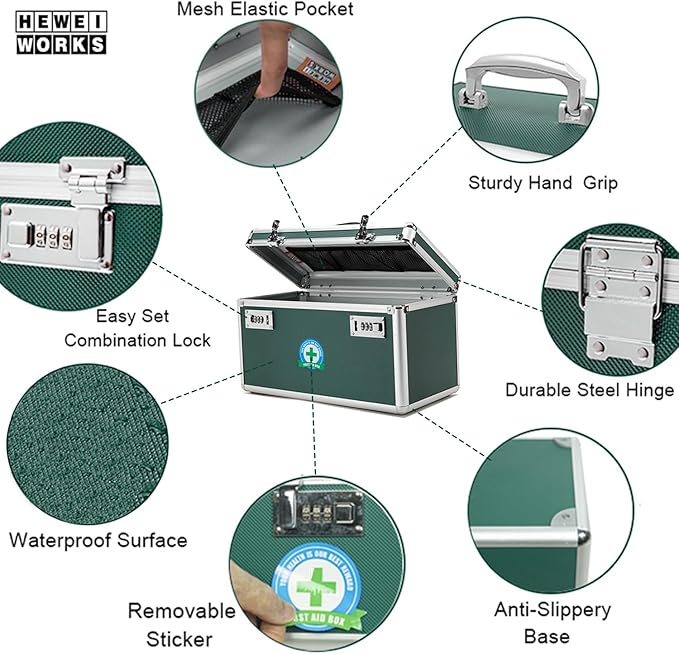 Locking Box with Portable Storage Case, 14.2''x 7.2''x 8.2'', Childproof Medicine Organizer with Combination Lock, Lockbox for Money, Documents & Meds Secure Cash, ID Documents (Green/Large)