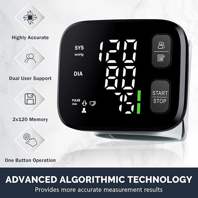 Blood Pressure Monitor LED Backlit Display Automatic Wrist Cuff Blood Pressure Monitors for Home Use 120x2 Reading Memory with Carrying Case, Black