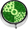 Pill Box, 3 Compartments Small St.Patrick's Day Pill Case Travel Portable Metal Medicine Box with Mirror Mini Container for Purse Pocket Women Men（Green Clover）