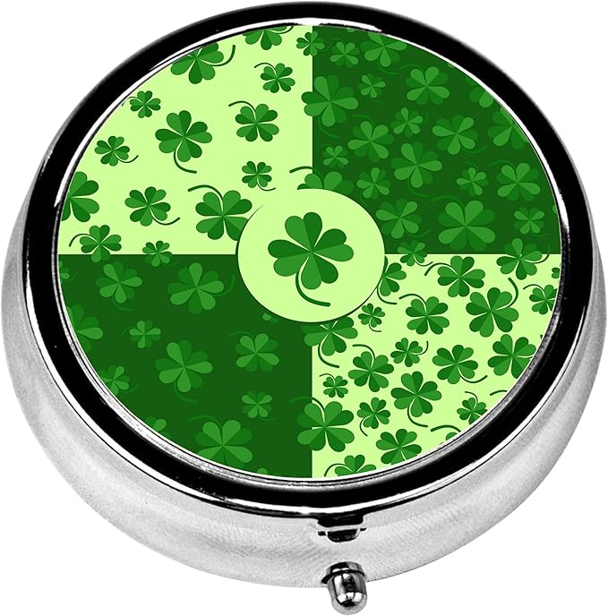 Pill Box, 3 Compartments Small St.Patrick's Day Pill Case Travel Portable Metal Medicine Box with Mirror Mini Container for Purse Pocket Women Men（Green Clover）