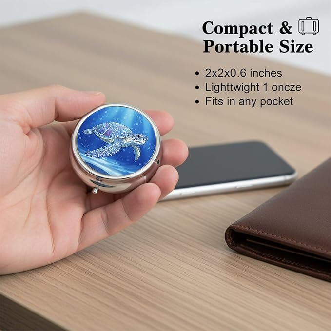 Round Pill Case Small Pill Box with Mirror Pocket 3 Compartment Vitamin Pill Medicine Case Organizer Pill Containers for Traveling Mandala Sea Turtle Two